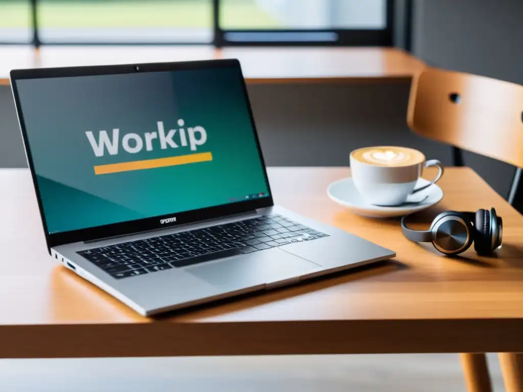 Evento de código abierto: laptop moderno, ambiente profesional Participar en eventos Open Source desde un espacio de trabajo minimalista, con un elegante portátil, café y auriculares