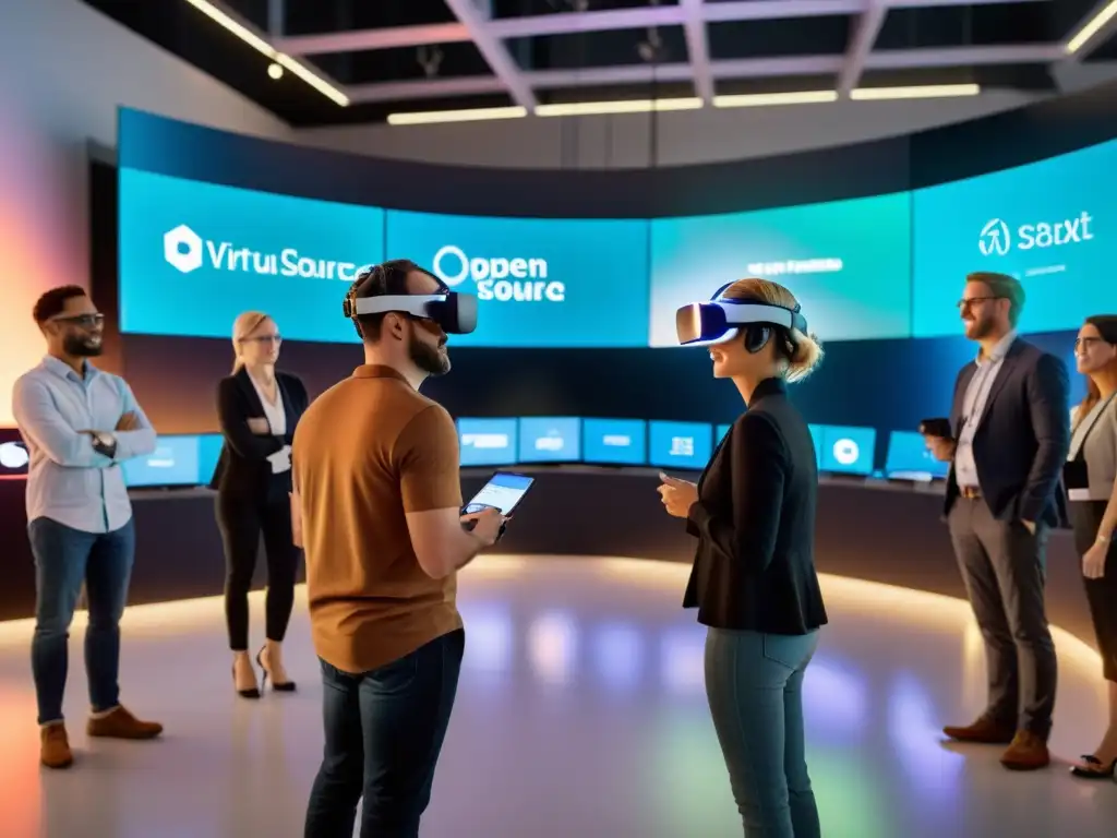 Evento virtual de código abierto: innovación y colaboración en un entorno futurista Participar en eventos Open Source: Reunión virtual innovadora con diversidad de participantes, tecnología de vanguardia y ambiente profesional