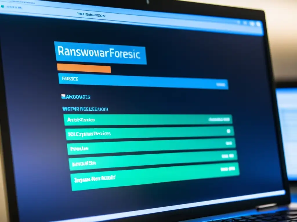 Examen forense digital Autopsy ransomware: pantalla de computadora muestra análisis detallado de ataque ransomware y proceso de descifrado