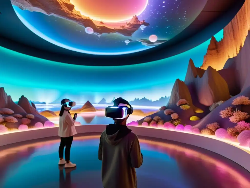 Experiencia en galería de arte 3D realidad virtual software, esculturas futuristas y paisaje etéreo, con aura neon