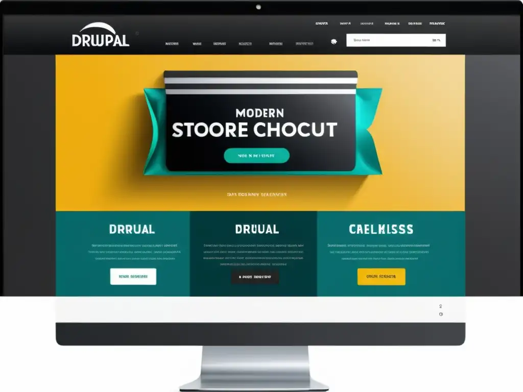 Captura la experiencia de construir una tienda online con Drupal Commerce a través de una interfaz moderna y atractiva, con imágenes vibrantes y navegación intuitiva