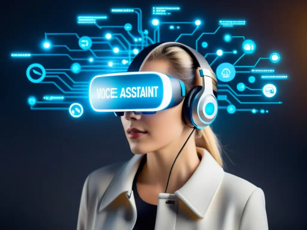 Un experto con auriculares futuristas rodeado de elementos digitales, representa la innovación y la tecnología de asistentes de voz de código abierto