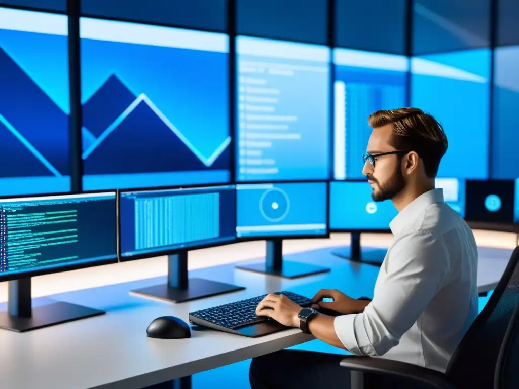 Un experto configura un clúster de Kubernetes en una estación de trabajo moderna, rodeado de monitores con complejas visualizaciones de datos