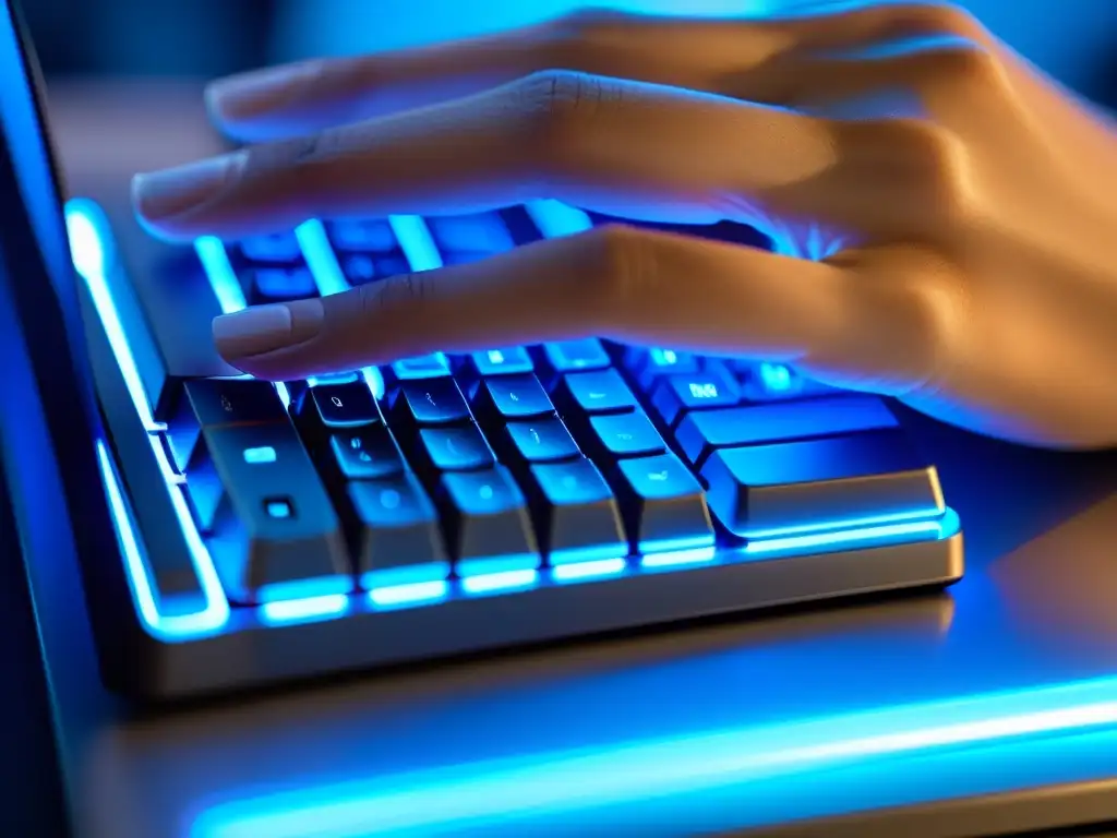 Un experto en código abierto teclea con destreza en un teclado moderno iluminado