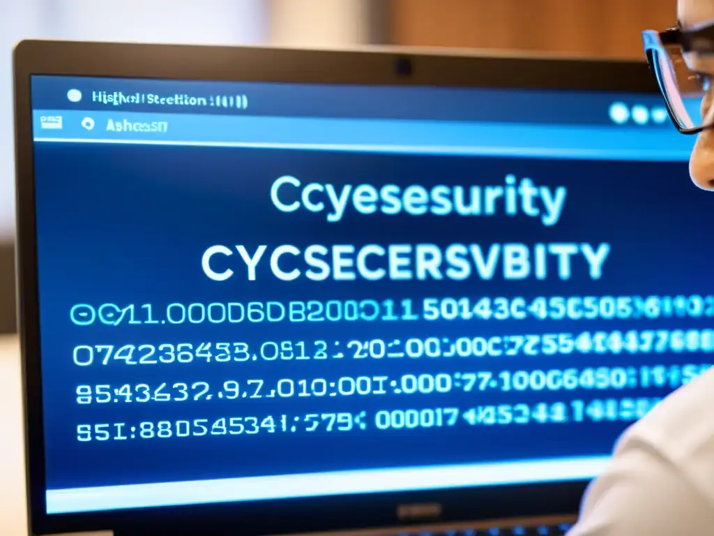 Un experto analiza código de ciberseguridad en una oficina moderna, transmitiendo profesionalismo y seguridad reforzada en HardenedBSD