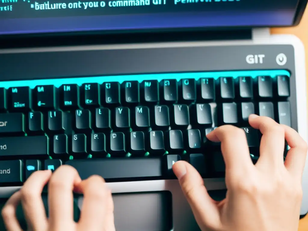 Un experto en programación ejecuta comandos de Git en un teclado moderno, bañado por luz natural