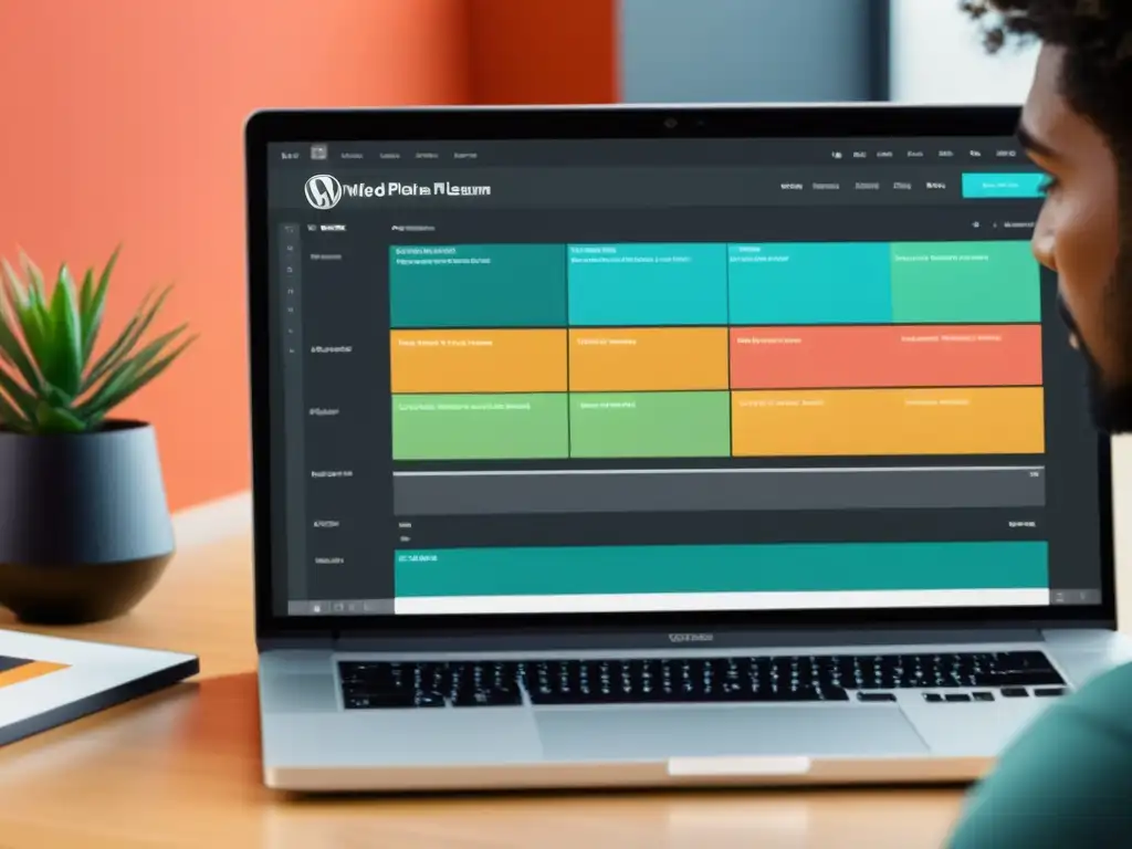 Experto en gestión de contenidos multimedia en WordPress, editando videos con interfaz moderna y vibrante