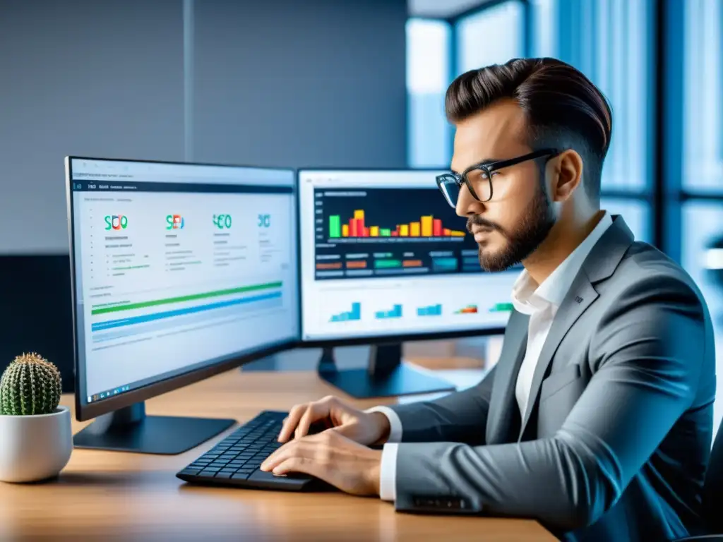 Un experto analiza datos y gráficos de SEO en una computadora moderna