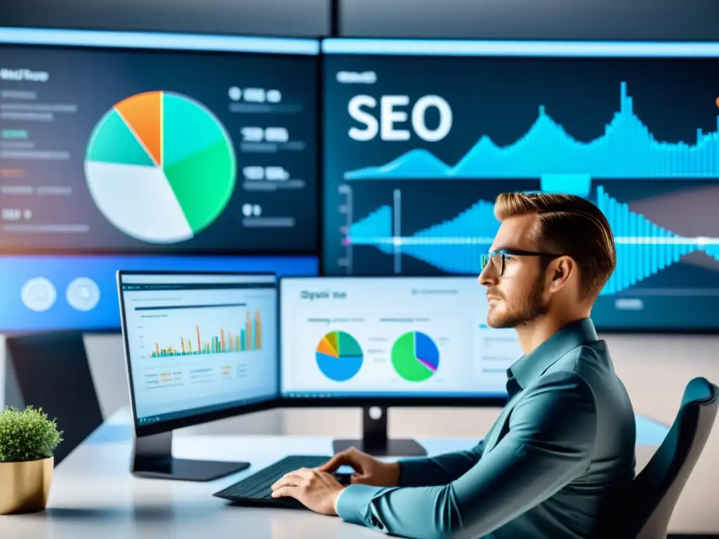 Un experto analiza datos SEO en una oficina moderna