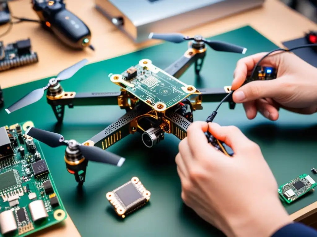 Un experto ensambla un dron de código abierto en un moderno taller, transmitiendo dedicación y precisión en cada movimiento