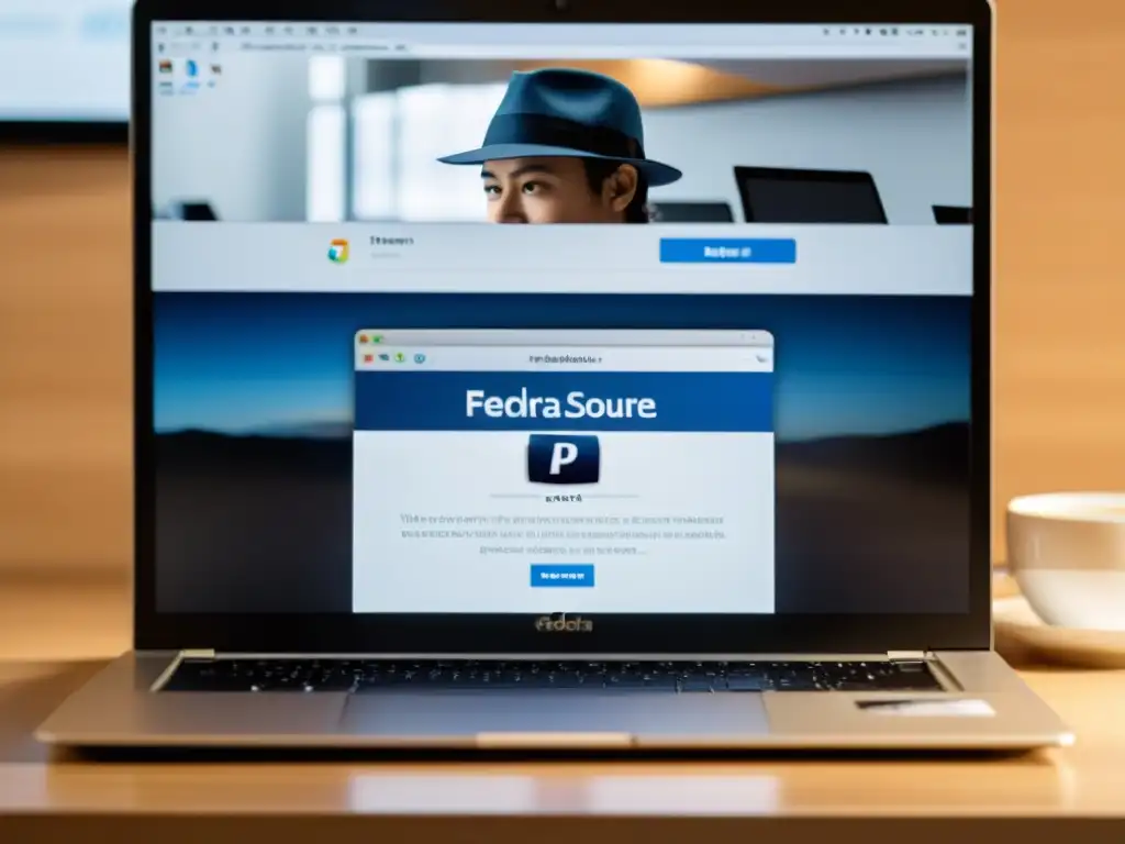 Un experto instala Fedora en su laptop, rodeado de un espacio de trabajo minimalista con stickers de software de código abierto y una taza de café