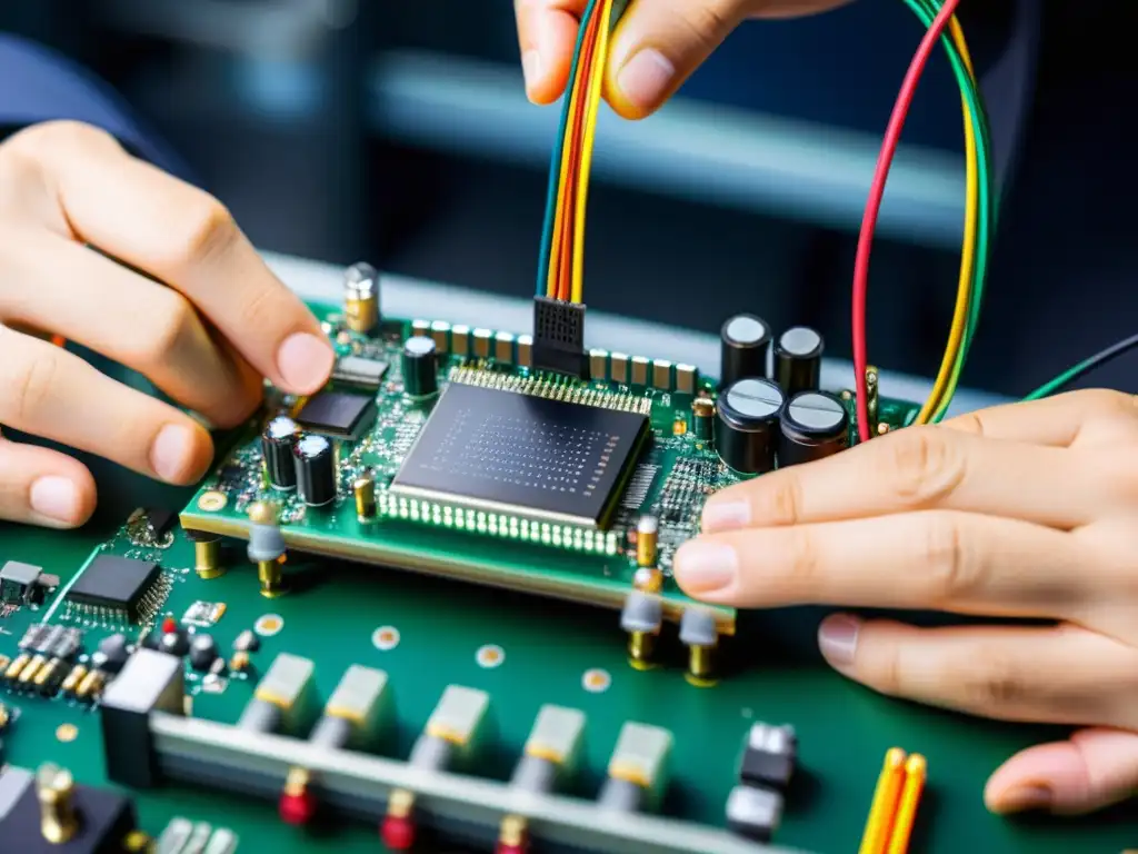Experto en FPGA: Manos trabajando en circuito Un experto en programación de FPGAs de código abierto concentradamente ensambla una placa con componentes coloridos y herramientas avanzadas