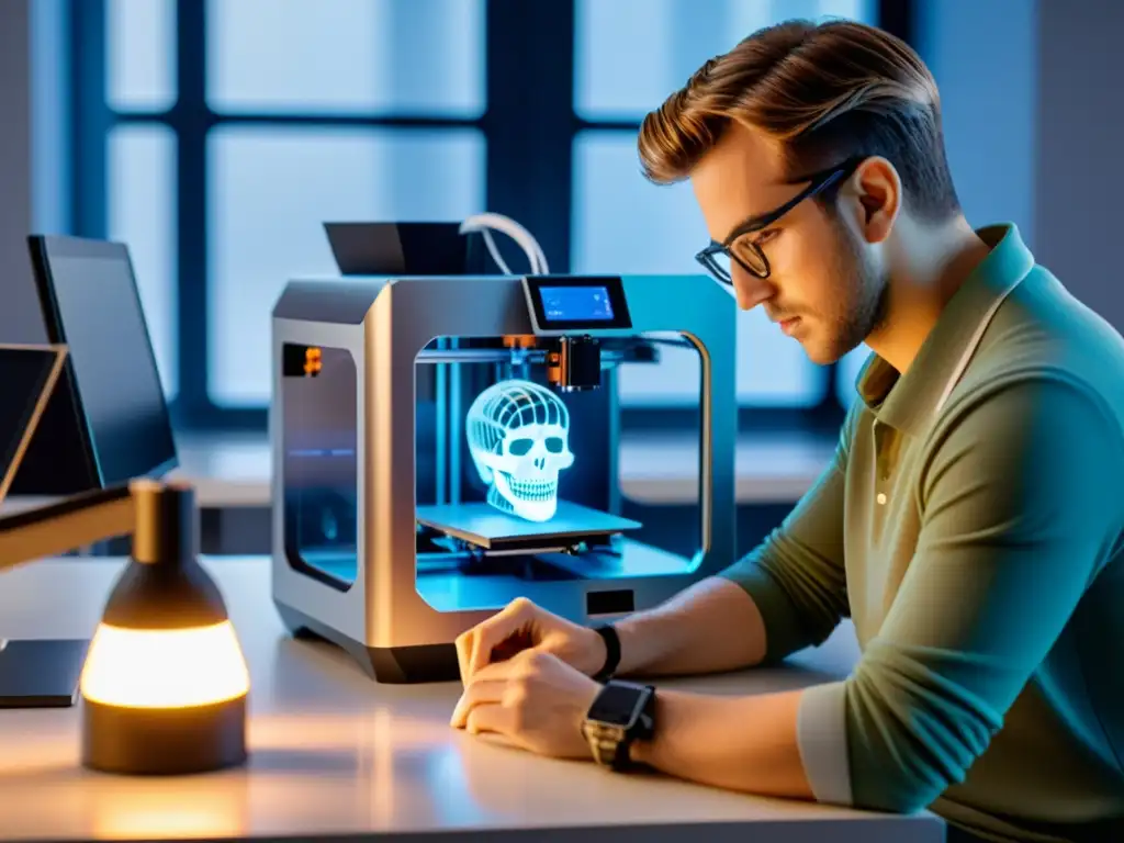 Calibración precisa de impresora 3D en espacio moderno Un experto en impresión 3D utiliza herramientas de código abierto en un espacio moderno y futurista