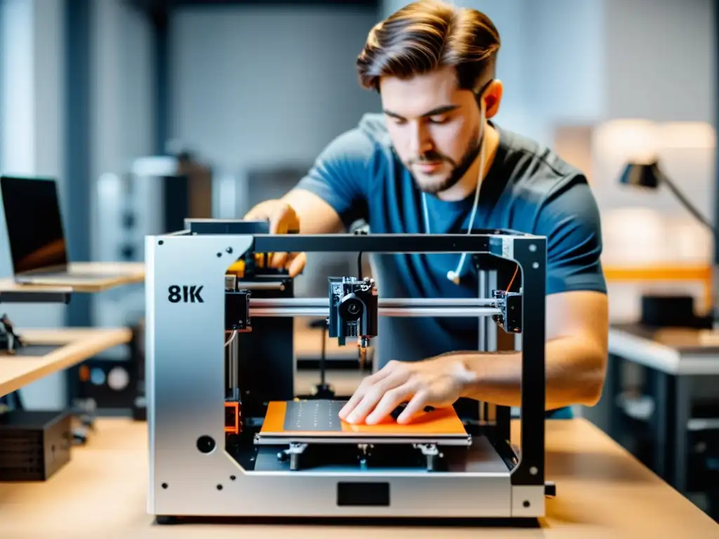 Un experto construye una impresora 3D de código abierto en un taller moderno y ordenado