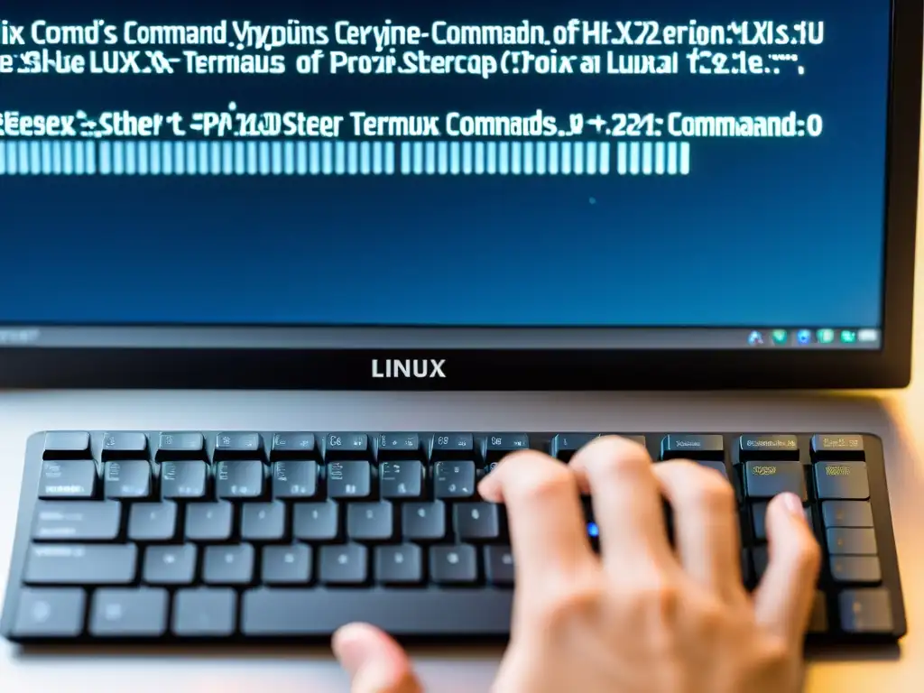 Un experto navegando por la interfaz de comandos de Linux en un teclado moderno, enfocado y determinado