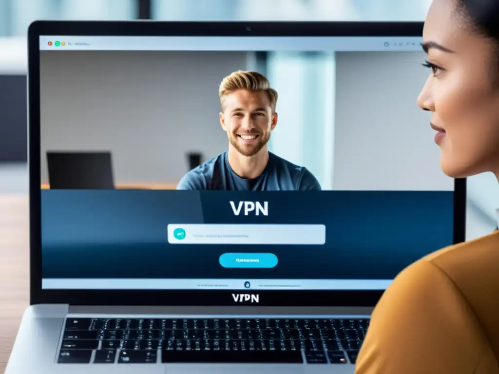 Un experto configura detalladamente VPN Open Source en una interfaz moderna y elegante, transmitiendo profesionalismo y determinación