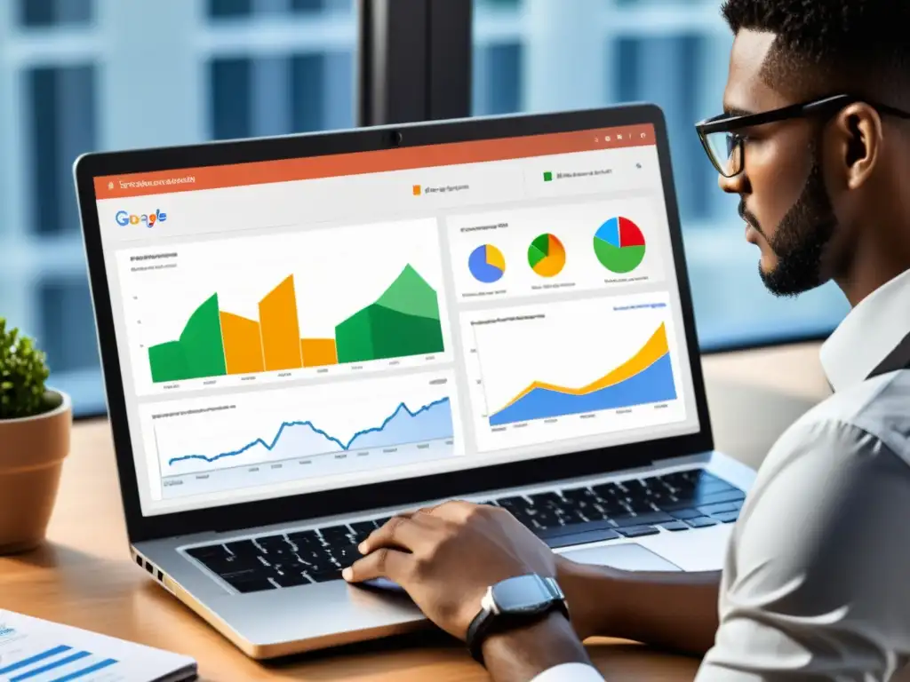 Experto en Monitoreo ecommerce Shopify con Google Analytics, analizando datos detallados en pantalla, en moderna oficina