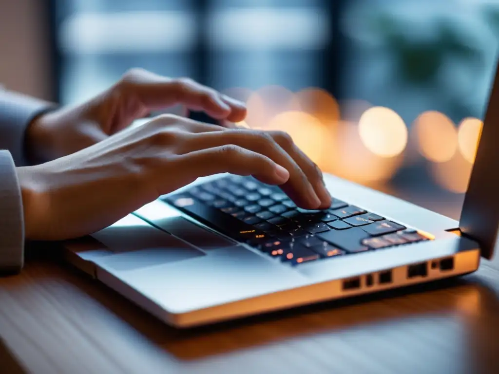 Un experto trabajando en un teclado de laptop, transmitiendo seguridad y concentración