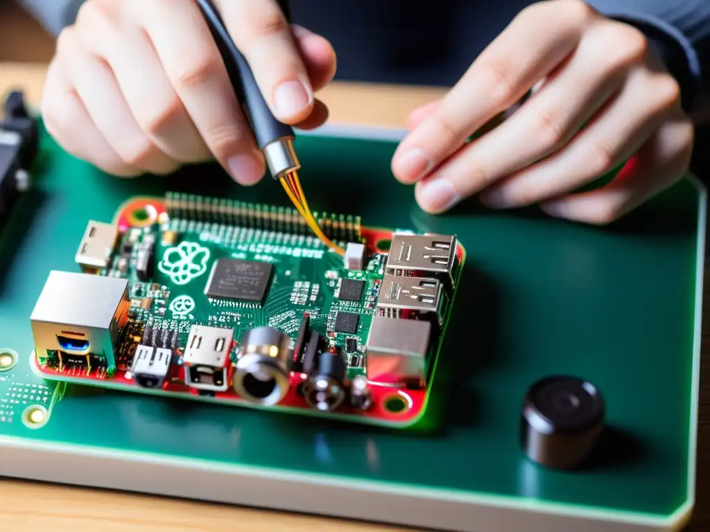 Un experto en tecnología ensambla con precisión un circuito de Raspberry Pi en un espacio de trabajo moderno y limpio
