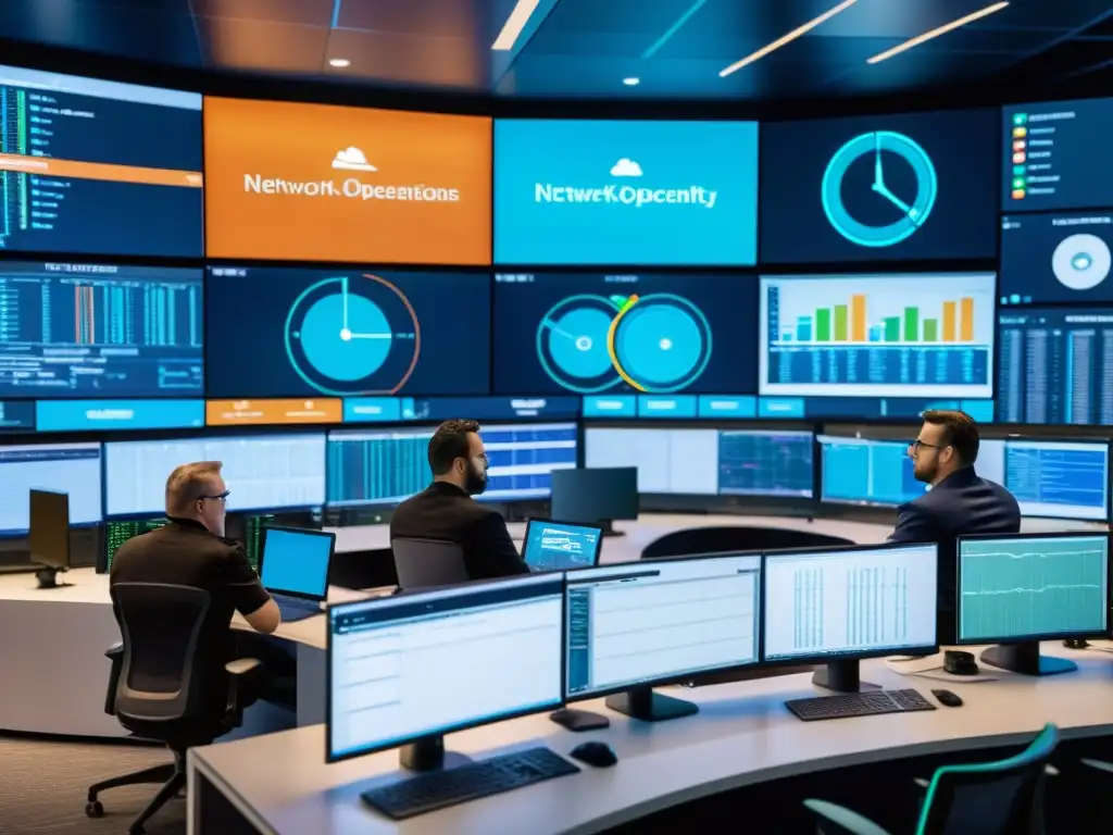 Expertos supervisan servidores Linux con visualizaciones de datos, en un centro de operaciones de redes