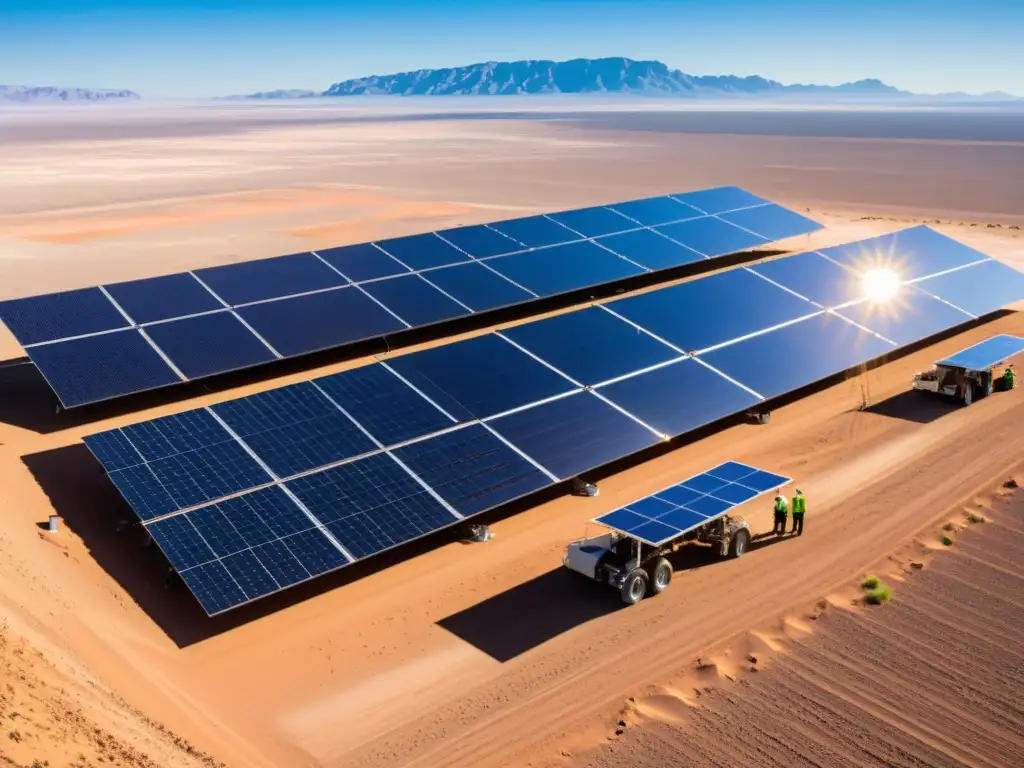 Un extenso campo de paneles solares en el desierto, ingenieros trabajando en la instalación bajo un cielo azul