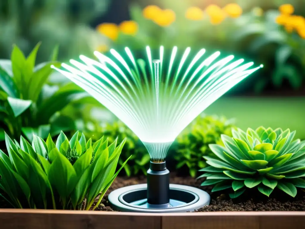 Un jardín exuberante con un avanzado sistema de riego inteligente IoT, bañado por la cálida luz del sol