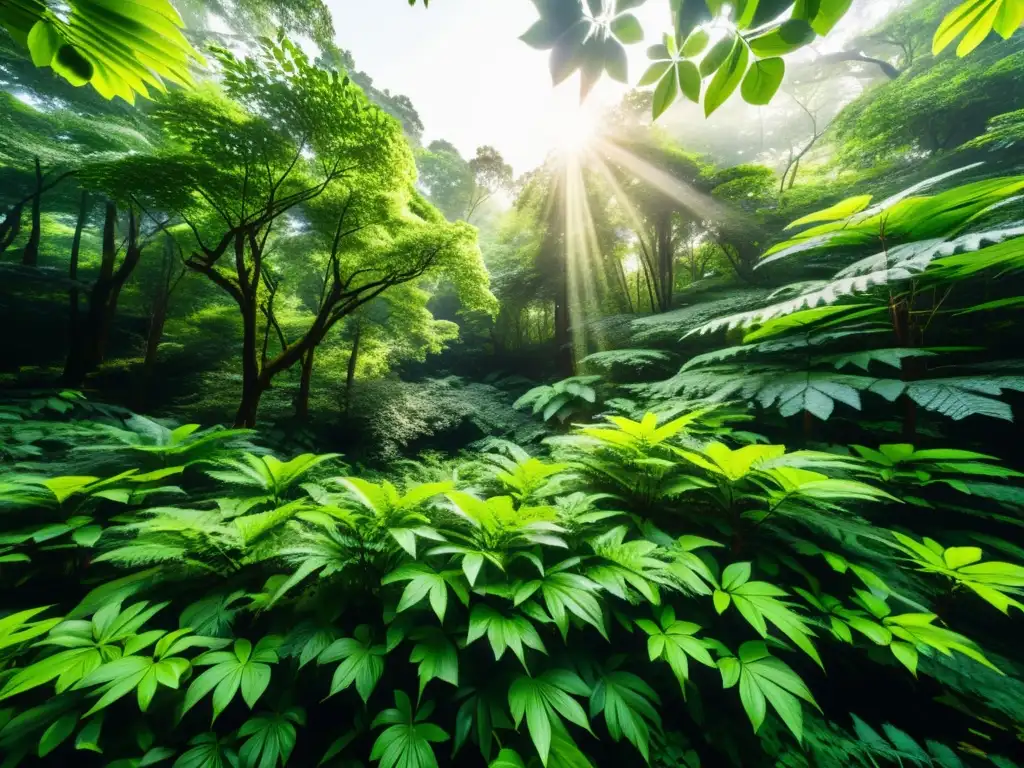 Exuberante bosque capturado en 8k, con luz solar filtrándose a través del dosel, resaltando la exuberante vegetación y la diversa vida vegetal