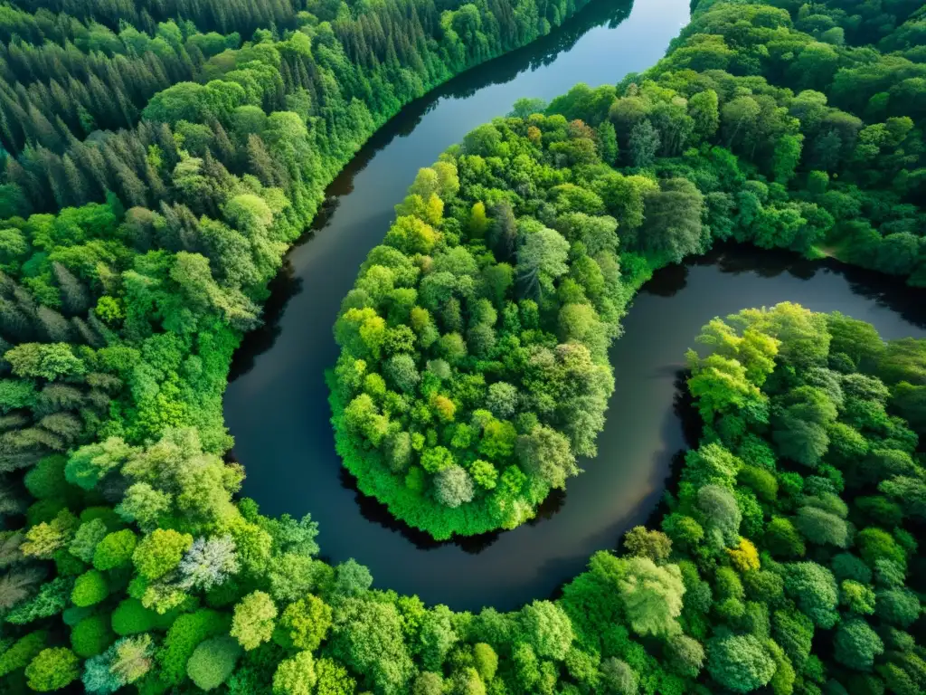 Un exuberante bosque con diversa vegetación, río serpenteante y luz filtrada