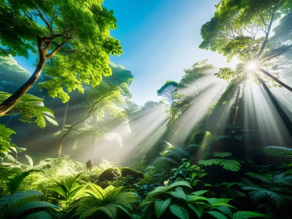 Un exuberante bosque lleno de vida, con la luz del sol filtrándose a través del dosel, destacando la diversa flora y fauna