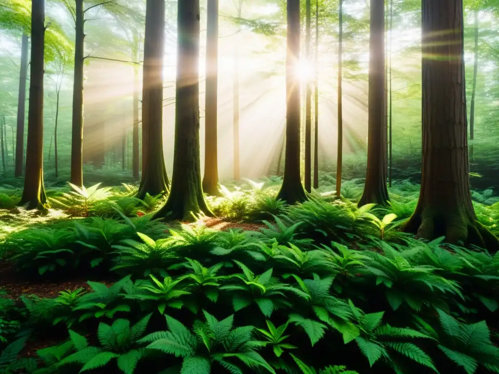 Un exuberante bosque con luz solar filtrándose entre las hojas, creando patrones en el suelo