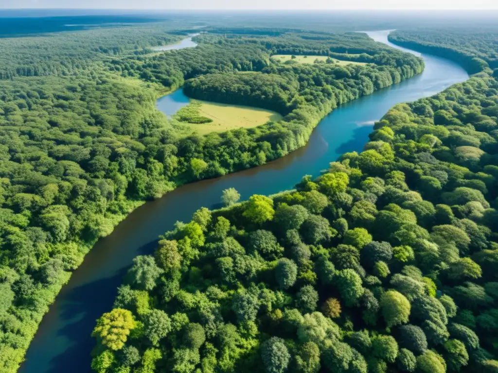 Un exuberante bosque con un río serpenteante bañado por la luz del sol