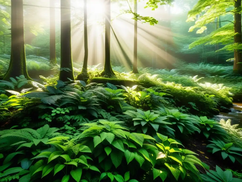 Un exuberante bosque verde iluminado por el sol, con una variedad de especies vegetales que crean un tapiz natural vibrante