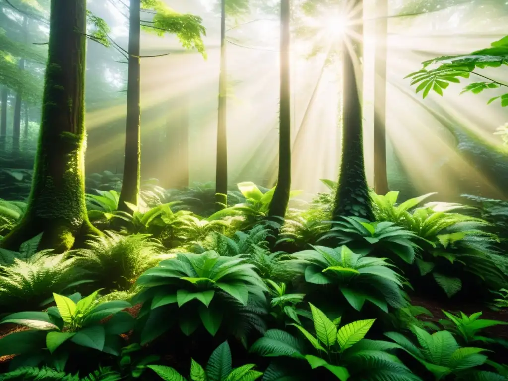 Un exuberante bosque verde con luz solar entre las hojas, destacando la belleza y sostenibilidad de la naturaleza