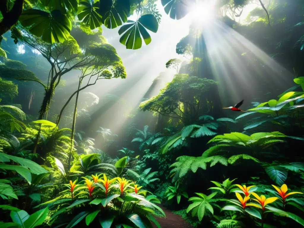 Un exuberante y diverso bosque tropical, con flores vibrantes, árboles imponentes y aves coloridas en vuelo