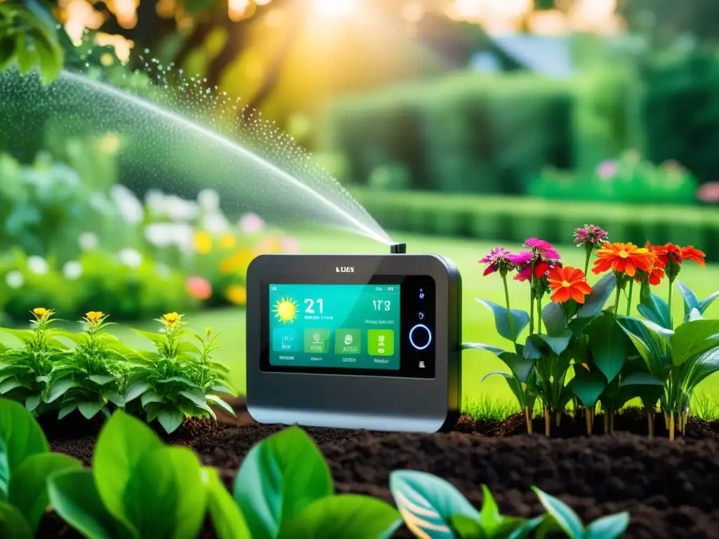 Un jardín exuberante con sistemas de riego inteligentes IoT, conectados y eficientes, bañado por la cálida luz del sol