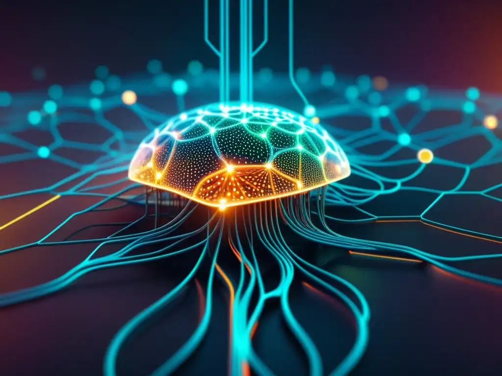 Un fascinante y detallado 8k de una red neuronal con nodos brillantes y conexiones, rodeada de líneas de código y visualizaciones de datos