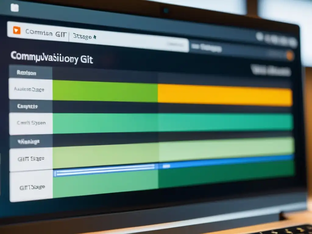 Un fascinante visual de un repositorio Git en pantalla, con colores vibrantes y la ejecución de Git hooks