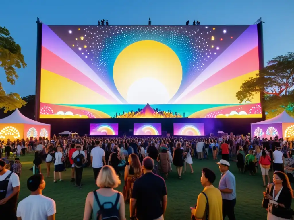 Un festival vibrante de código abierto y arte, con instalaciones interactivas, luces LED y personas de todas las edades disfrutando de la creatividad