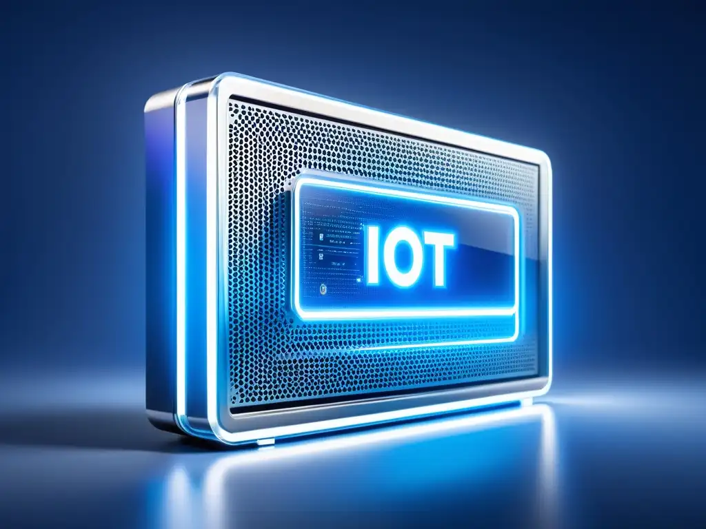 Un firewall de código abierto para IoT, con circuitos visibles y una atmósfera tecnológica vanguardista