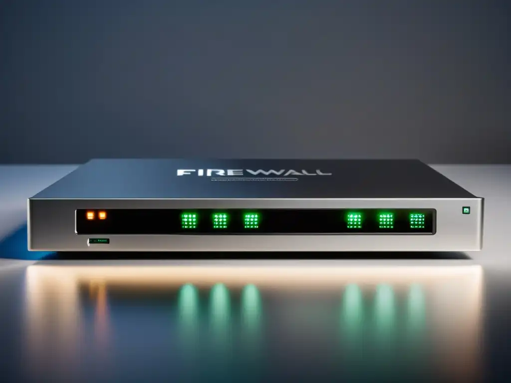 Un firewall de código abierto para PYMES, con diseño moderno y avanzada tecnología, iluminado con suaves luces, resaltando su pulido aspecto futurista