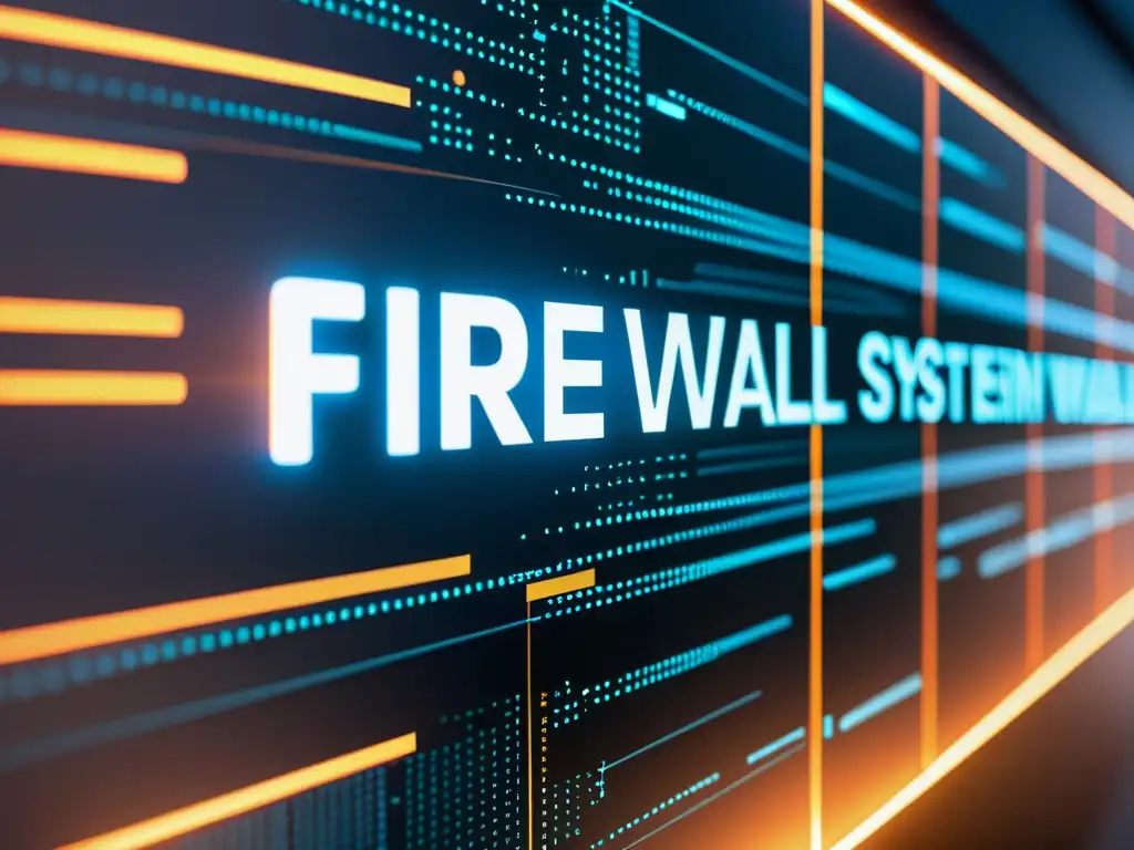 Un firewall moderno con intrincados caminos de red y protocolos de seguridad resplandecientes, mostrando la importancia de scripts esenciales para firewall de código abierto