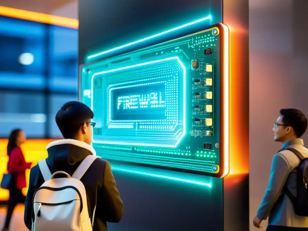 Firewalls Open Source para Educación: tecnología avanzada protegiendo un entorno educativo vibrante, con circuitos y edificios académicos difuminados