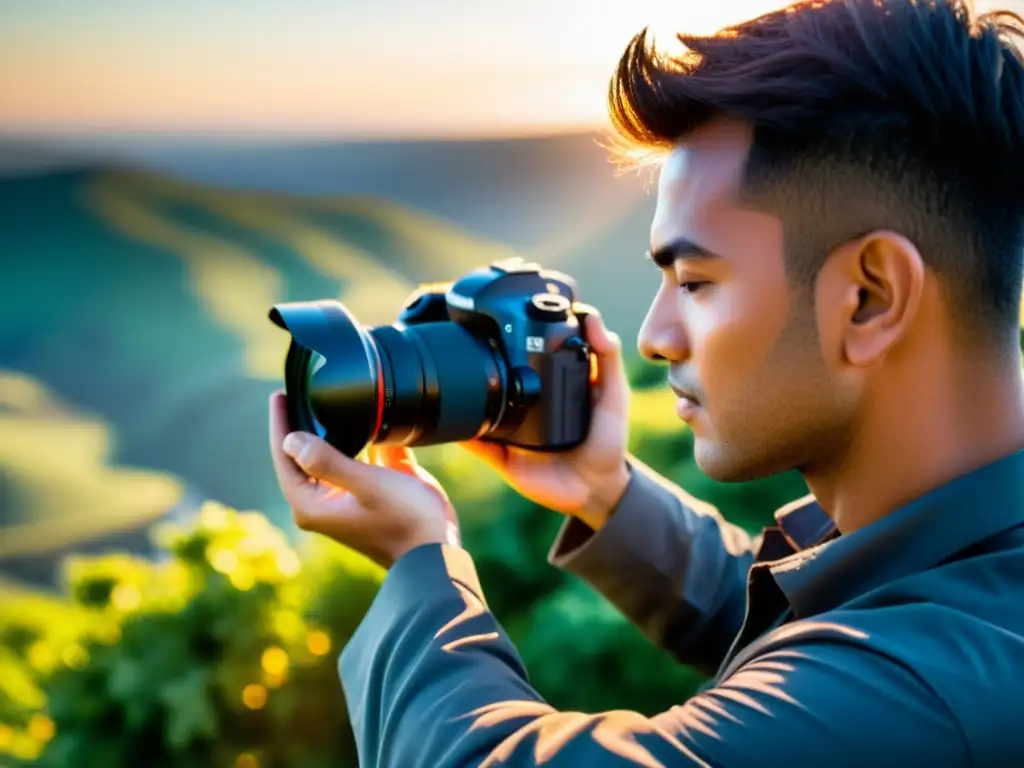 Un fotógrafo ajusta meticulosamente su cámara profesional mientras el paisaje iluminado por el sol llena el fondo, exudando maestría y destreza