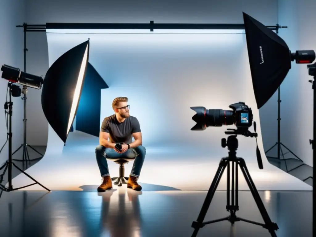 Un fotógrafo profesional trabaja en su estudio moderno, rodeado de equipo de fotografía de última generación