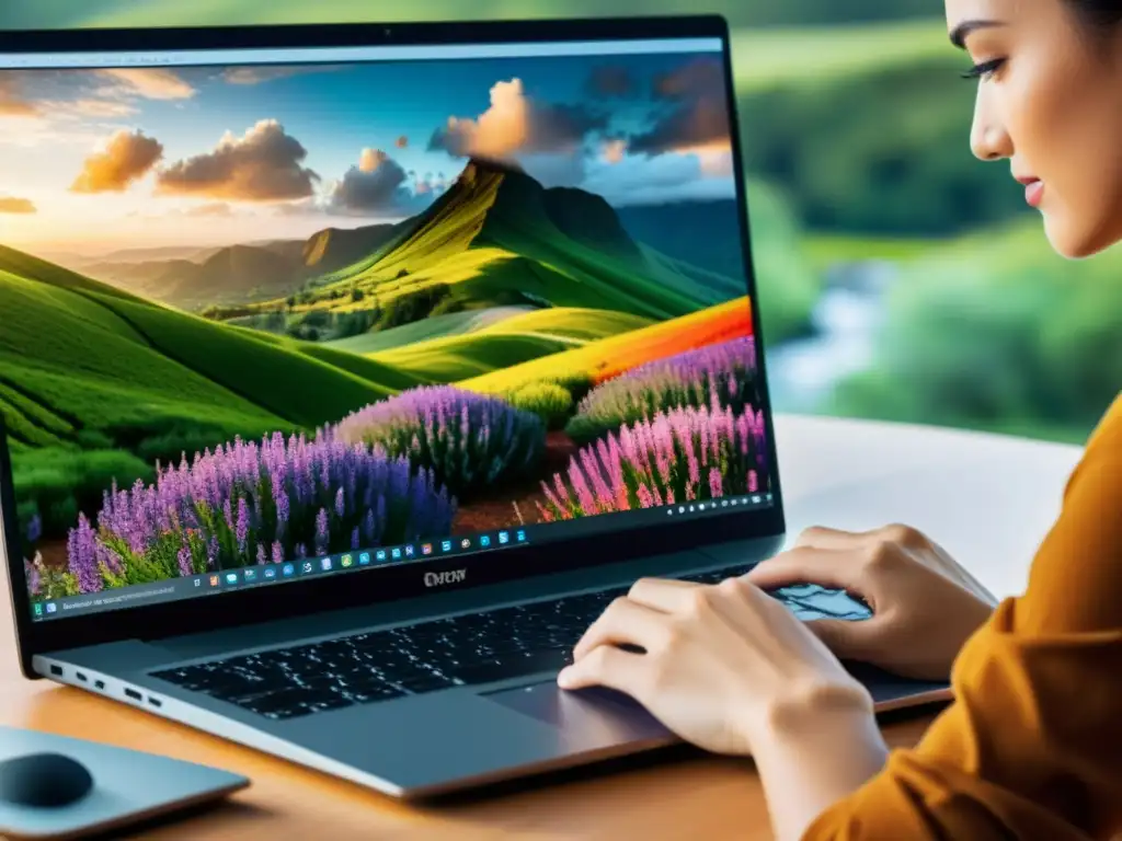 Un fotógrafo profesional ajusta la imagen de un paisaje en un ordenador moderno con software libre, mostrando la optimización de imágenes web