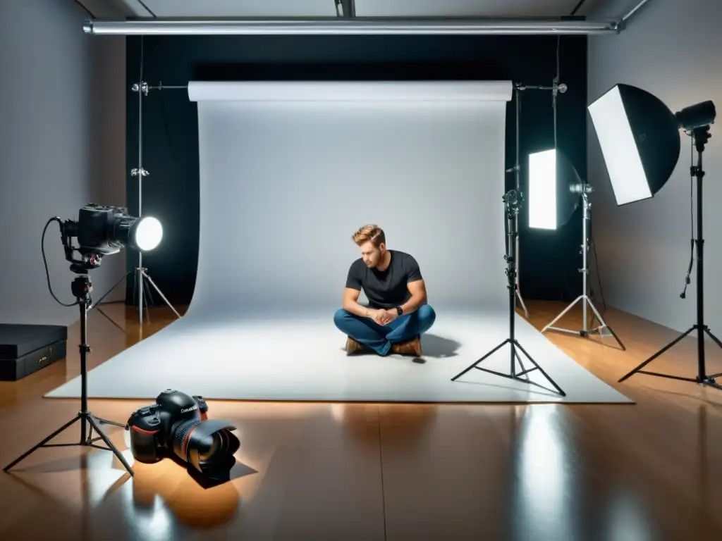 Un fotógrafo profesional ajusta los parámetros de la cámara y la iluminación en un estudio con equipos de alta gama