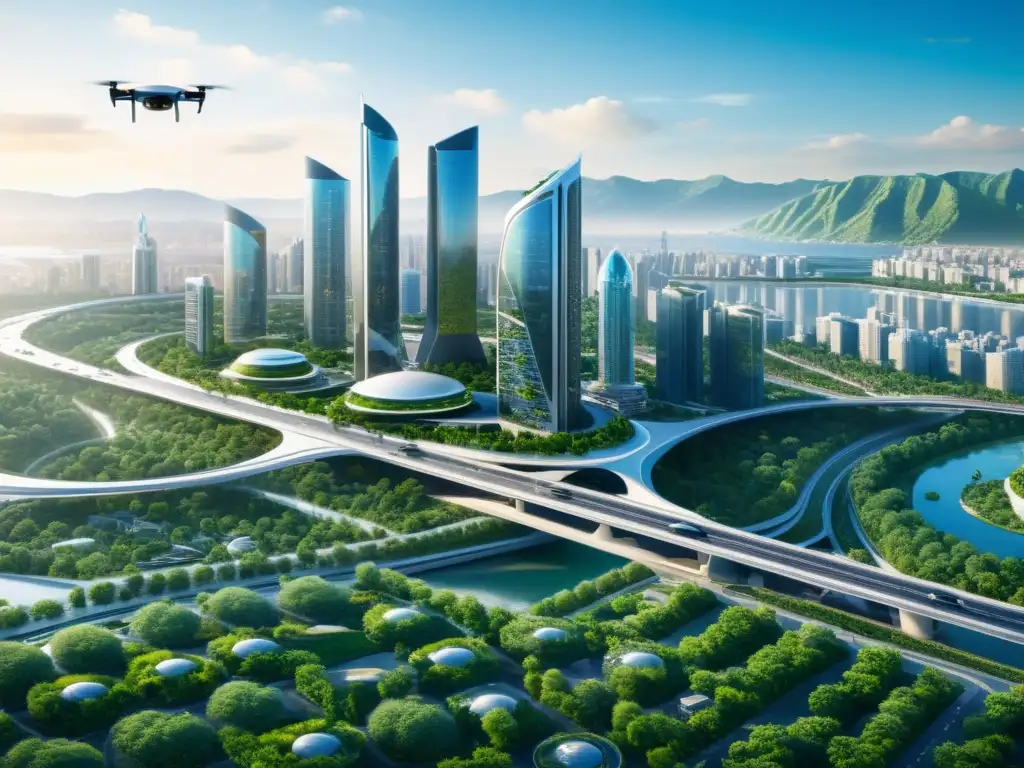 Visión futurista de una ciudad con infraestructura avanzada impulsada por IA, integración ética y sostenible de la IA en desarrollo de código abierto