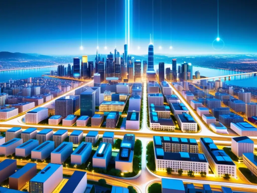 Visión futurista: Ciudad inteligente con IoT Futurista ciudad inteligente con IoT optimiza gestión series temporales, destacando integración tecnológica en infraestructura urbana