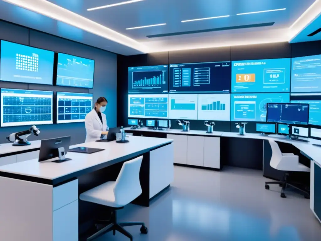 Lab futurista con brazos robóticos AI en 8k Lab futurista con desarrollo de vacunas con IA, científicos analizan datos y brazos robóticos trabajan en equipo
