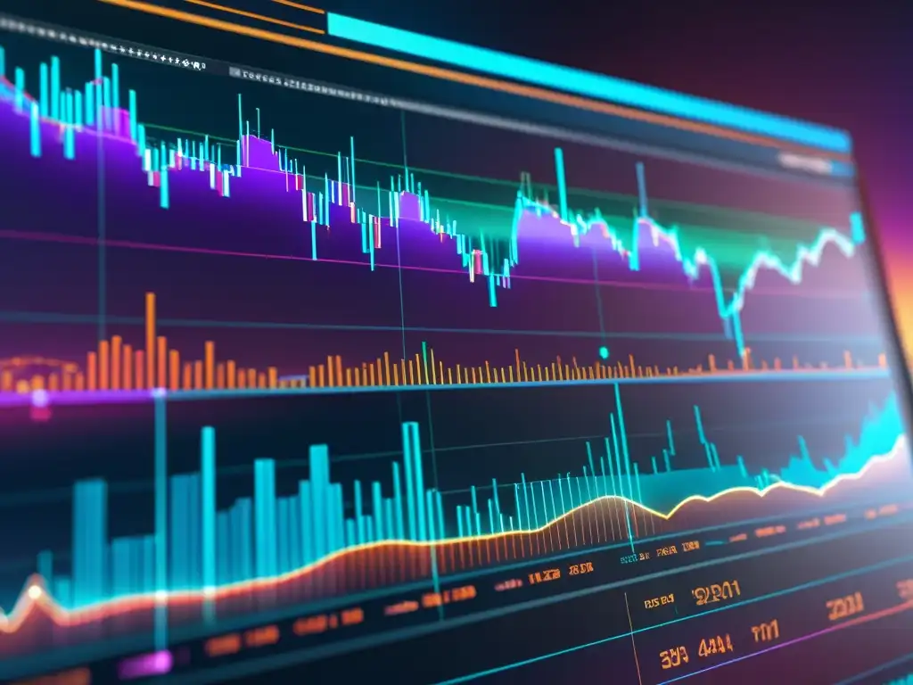 Una representación futurista y detallada en 8k de un gráfico de predicción de series temporales con Prophet, mostrado en una interfaz holográfica con visualización de datos intrincada y colores vibrantes